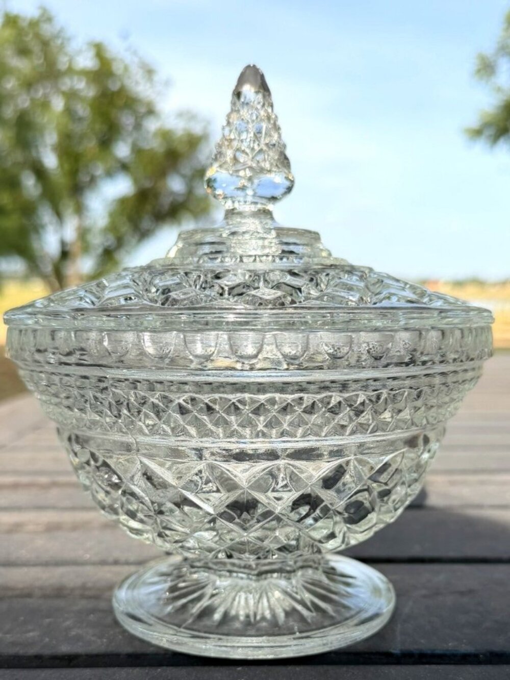Vintage Indiana Glass Mount Vernon Diamond Point Covered Pedestal Candy Dish